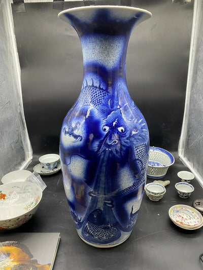 A superb Antique Chinese Blue And White Dragon Fish Vase