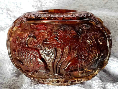 Antique Chinese Amber Bowl w Carved Fish & Lotus Design & Customs Wax Seal