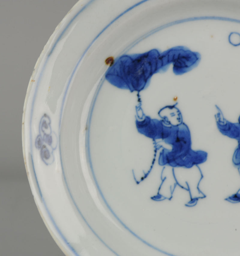 Antique Chinese Plate 17th C Porcelain Ming Tianqi Transitional BOYS LOTUS
