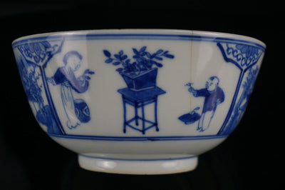 Antique Chinese Blue and White Porcelain 'Mother & Boy' Bowl Kangxi 19th C QING