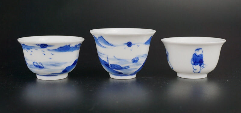 Group Chinese Blue and White Porcelain Tea Cups Bowls Marked