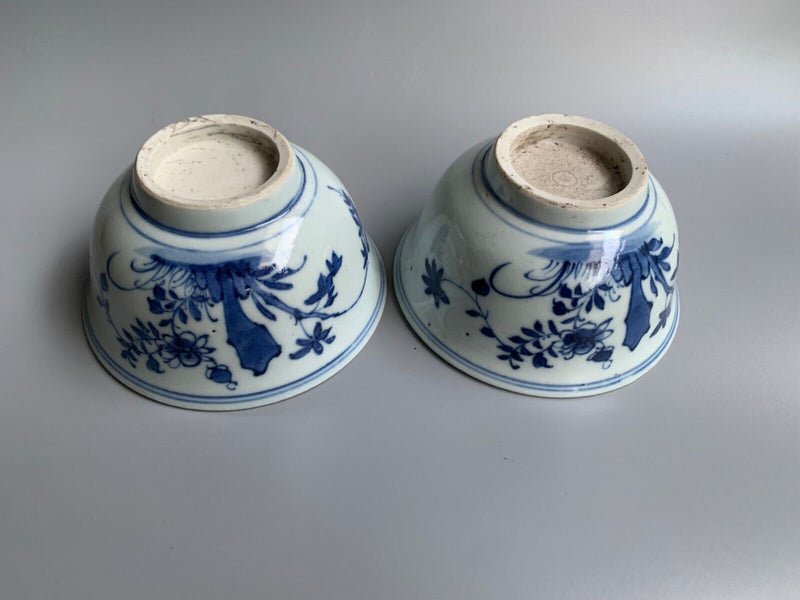 Pair Of Antique Chinese Blue And White Porcelain Tea Cups No Mark Kangxi Bowls