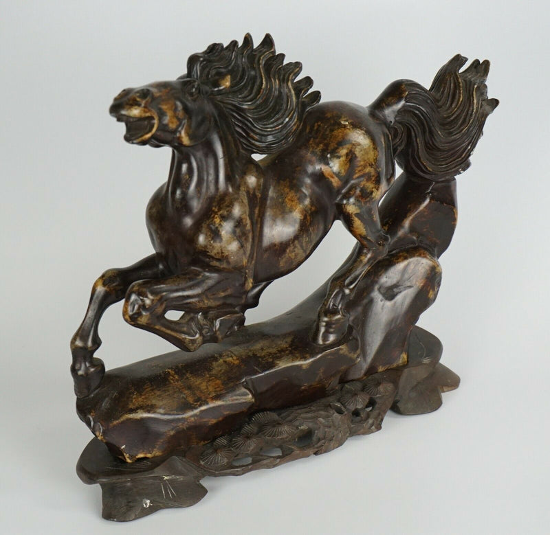 Old Chinese Carved Hardstone Soapstone Bronze Figure Horse & Wooden Stand
