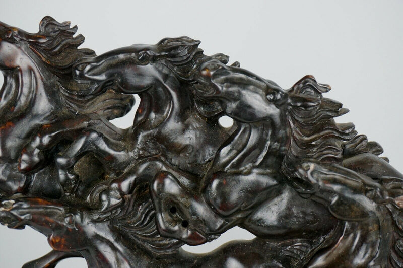 Old Chinese Hardstone Soapstone Carved Figurine Horses on Wooden Stand