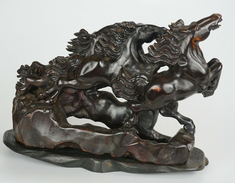 Old Chinese Hardstone Soapstone Carved Figurine Horses on Wooden Stand