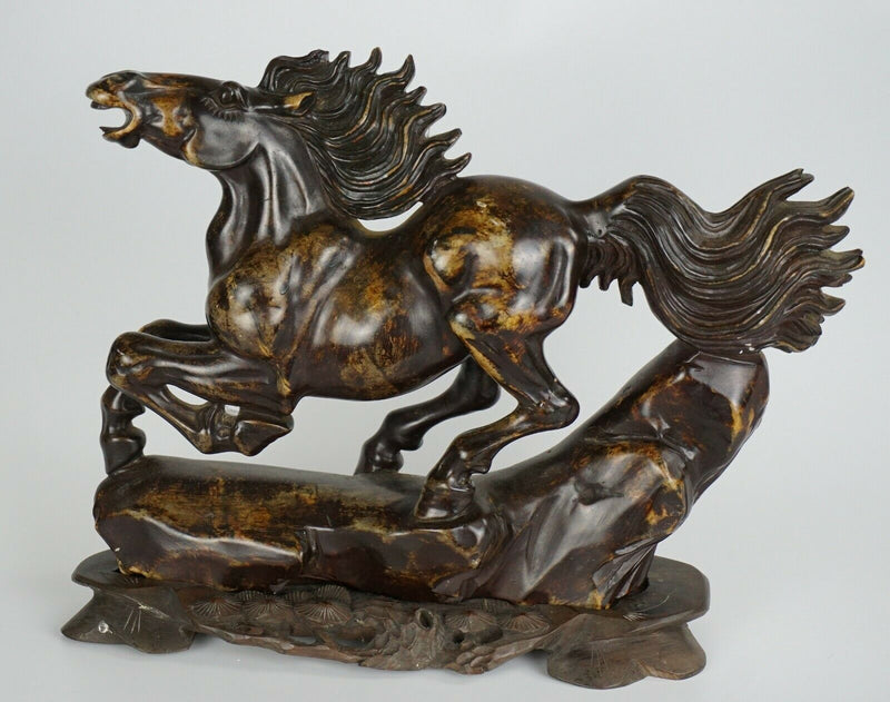 Old Chinese Carved Hardstone Soapstone Bronze Figure Horse & Wooden Stand